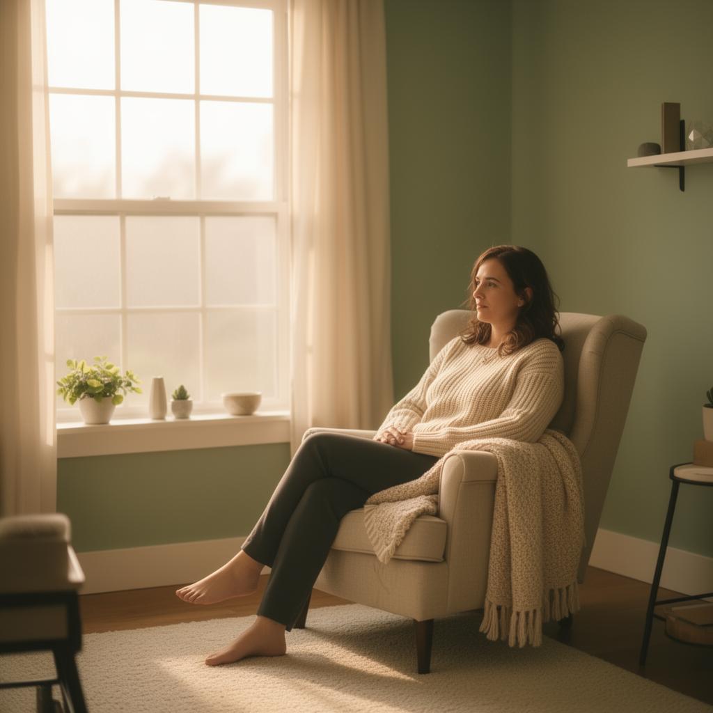 Person sitting peacefully by a window in soft morning light