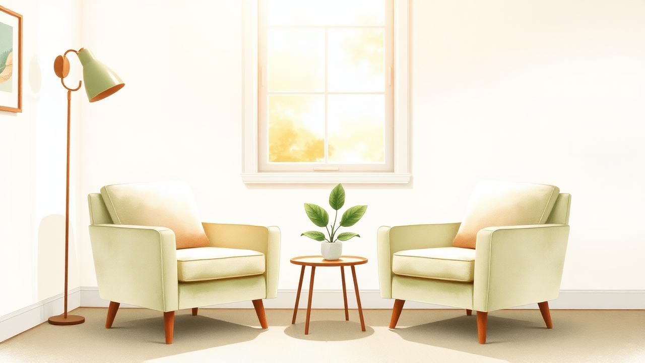 Welcoming therapy office with two chairs — your first session