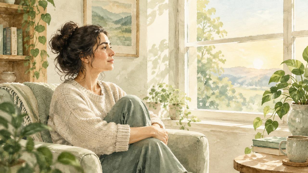 Adult sitting near a sunlit window in a calm room