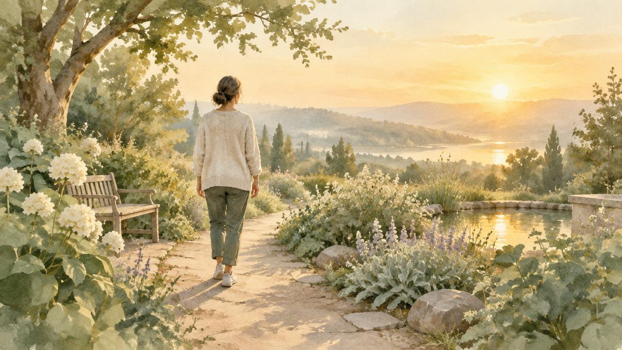 Adult walking along a peaceful garden path at sunset